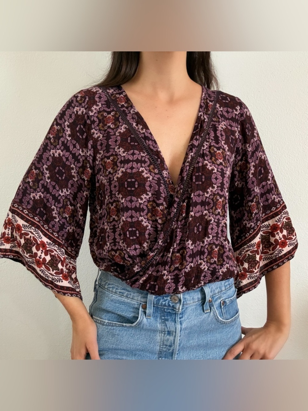 Y2K living doll boho floral bell sleeve blouse top small